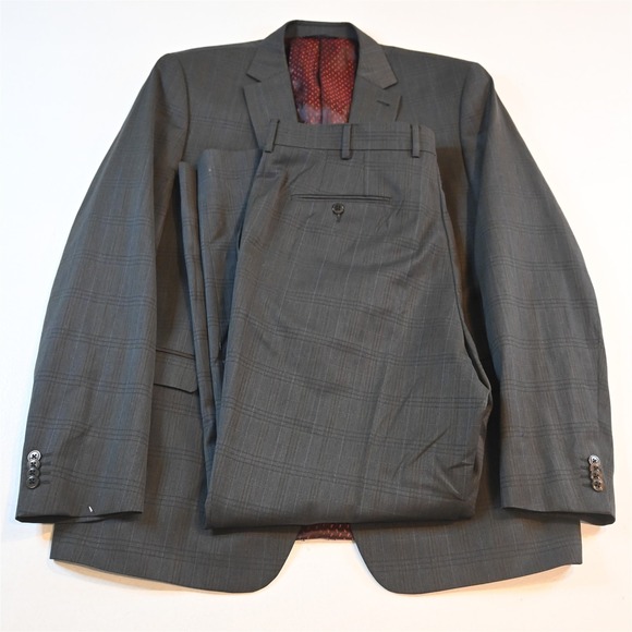 S Cohen 46L 38x32 Brown Gray Windowpane Wool Zip Pocket Mens Jacket Pants Suit
